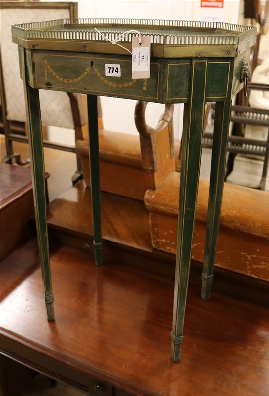 A Regency octagonal work table, with rising top and later gallery, painted decoration, on four tapering supports W.50cm